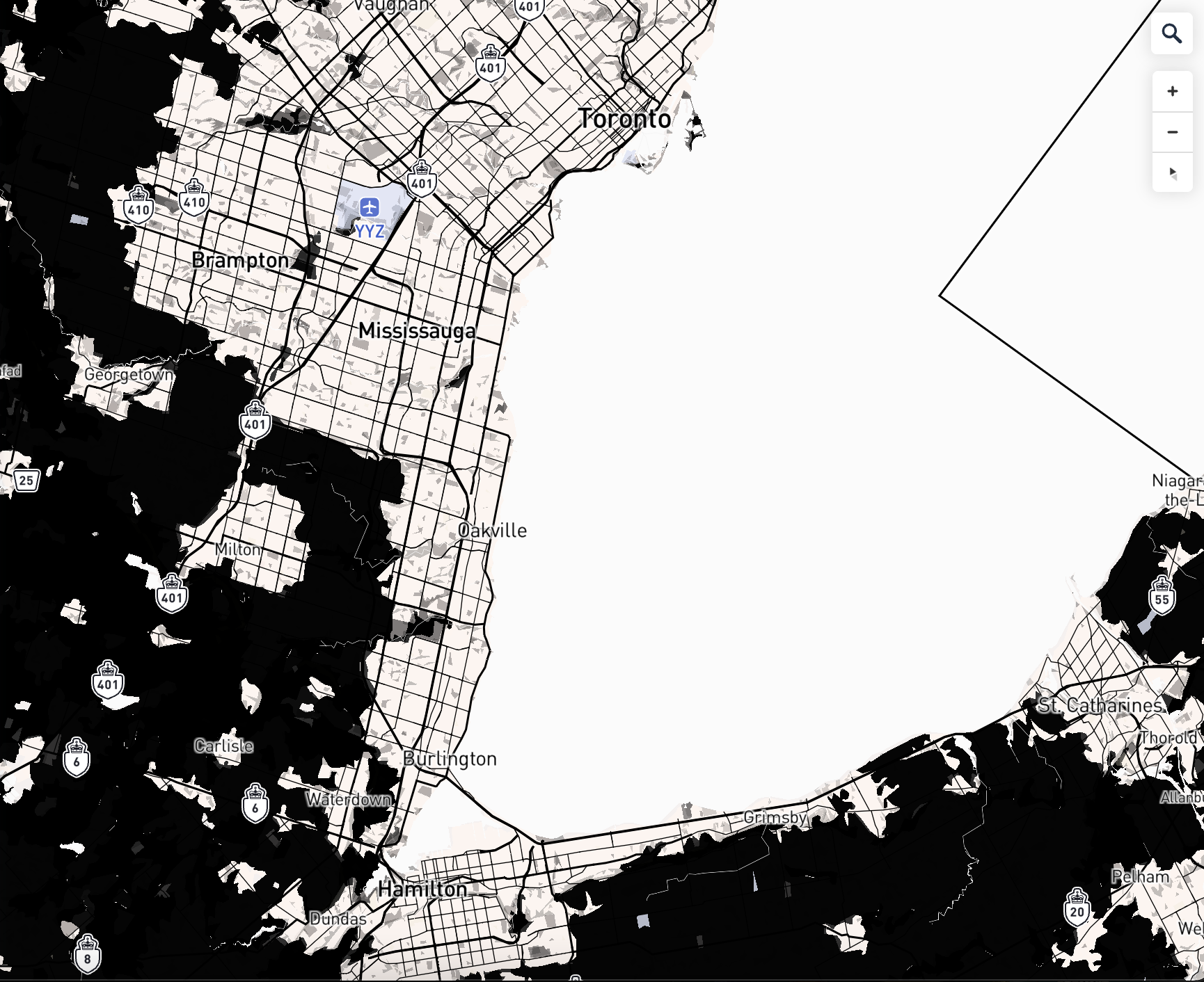 Black-and-white Toronto region: Modified Greenspace color and Road & transit network to high-contrast color scheme.